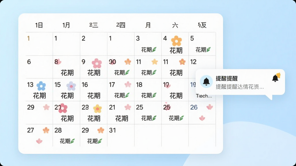 一张日历界面示意图,画面中央为月历网格,部分日期上标注了彩色花朵图标与