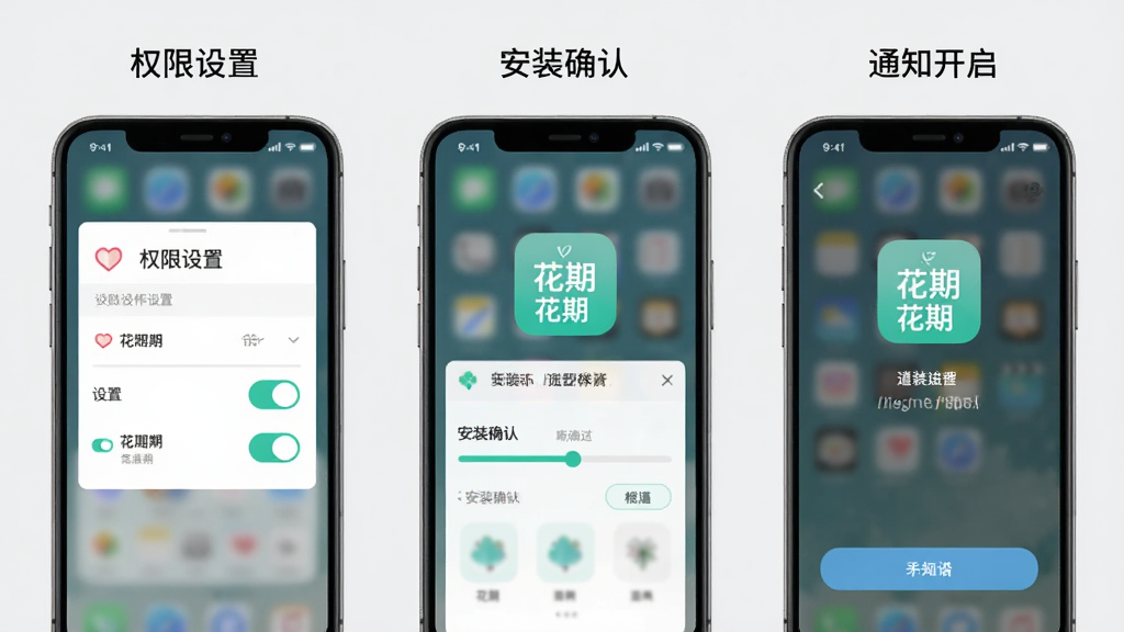 一张手机操作流程示意图,画面分为三个横向排列的手机屏幕,分别展示权限设置、安装确认与通知开启步骤,每个屏幕上方有简短文字标注,背景为浅灰色,风格扁平化,细节包括开关按钮、进度条与