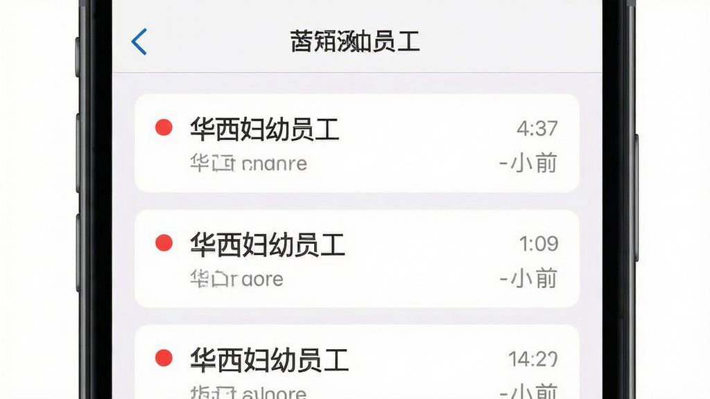 主体为手机消息中心界面,布局为顶部标题栏加下方卡片式通知列表,排版纵向排列,风格清爽商务,细节包含红色圆点未读标记与时间戳,画质清晰干净无多余元素,屏幕中显示文字“华西妇幼员工”
