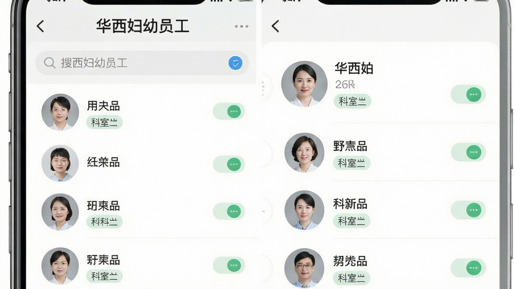 主体为手机通讯录与协作界面,布局为搜索栏加联系人分组列表,排版左右分栏展示头像与姓名,风格素雅极简,细节包含科室标签与消息按钮,画质清晰干净无多余元素,界面顶部显示“华西妇幼员工”