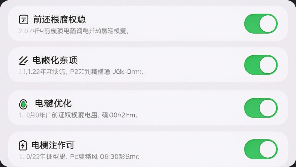 主体为手机设置界面展示通知权限开关与电池优化选项,布局为列表式设置项,排版纵向清晰,风格浅色柔和圆角,细节包含绿色开启状态按钮与说明文字,画质清晰干净无多余元素