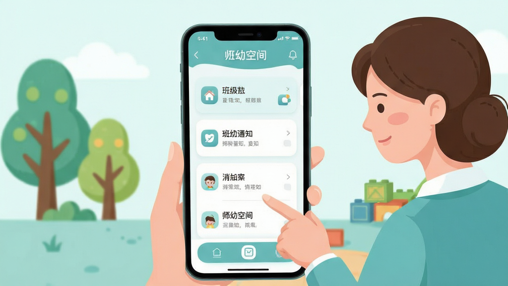 手机屏幕中展示一款名为“师幼空间”的幼教管理应用界面,主体为一位幼儿园老师正在使用手机查看班级动态,布局采用居中构图,手机屏幕清晰可见应用首页的班级列表与消息通知模块,排版简洁有序,风格为清新明快的扁平化插画,细节包括柔和的蓝绿色调、圆润的图标、背景点缀卡通风格的树木与积木元素,画质高清干净,无多余杂乱元素