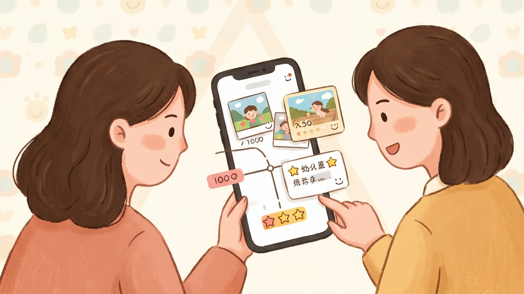 一幅展示“师幼空间”成长记录功能的场景插画,主体为一位家长与一位教师共同查看手机上的幼儿成长时间轴,布局采用三角构图,画面中央为悬浮的手机界面展示照片与评语卡片,排版错落有致,风格为温暖柔和的手绘风,细节包括时间轴线条、彩色标签、小星星奖励图标与微笑表情,画质细腻干净,无多余背景元素