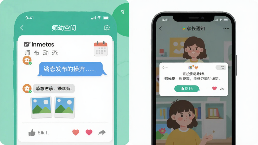 一款名为“师幼空间”的应用界面截图风格插画,画面左侧为教师端发布动态的操作面板,右侧为家长手机接收通知的界面,布局采用左右分栏对比展示,排版清晰直观,风格为现代扁平化设计,细节包括消息气泡、日历图标、照片缩略图与点赞互动按钮,画质干净明亮,无多余装饰元素