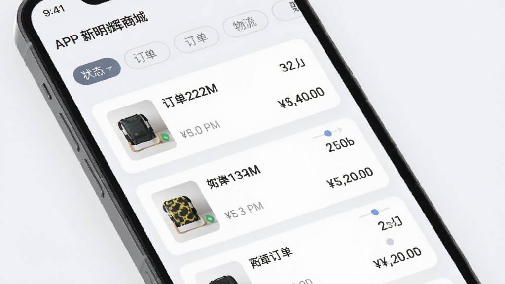 �������̳�APP�����������棬�ֻ���Ļ��ʾ�����б�������״̬ʱ���ᣬҳ����ÿ�Ƭʽ���֣�����Ϊ״̬ɸѡ��ǩ���·�������Ƭ������Ʒ����ͼ���������������Ϣ������Ϊǳ�Ұ�ɫ�������ˬ��࣬ϸ�����������ʸɾ��޶���Ԫ��