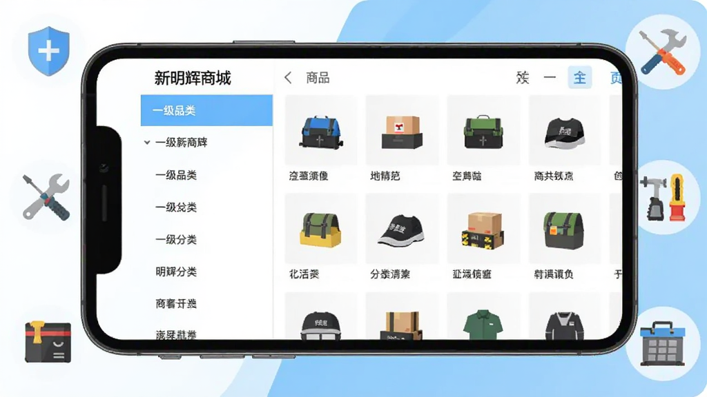 �������̳�APP��Ʒ����ҳ��չʾ���ֻ���Ļ�ڳ��ֶ�㼶���ർ�������Ϊһ��Ʒ���б����Ҳ�Ϊ������Ʒ����ͼ���񣬻�����ñ�ƽ����Ʒ�񣬱���Ϊ��ɫ��ǳ��ɫ���䣬��Χ���ư�ȫ������������е��Ʒ��ͼ�꣬���ֹ����������������ɾ��޶���Ԫ��
