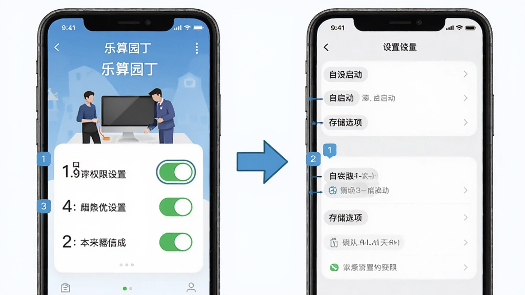 一张展示乐算园丁安装与权限设置步骤的示意图,画面分为左右两部分,左侧为手机安装界面与权限开关面板,右侧为设置菜单中的自启动与存储选项,布局上两部分并列排布、以箭头串联流程,风格为简洁信息图插画,细节上突出开关按钮与步骤序号,画质干净清晰,无多余元素