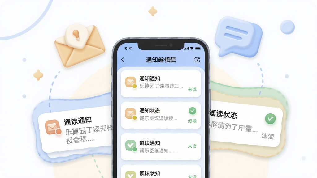 一张展示乐算园丁家校通知功能的插画,画面中央是一部手机,屏幕内显示通知编辑界面与已读状态列表,手机上方漂浮着信封与对话气泡图标,布局上手机居中、图标环绕,风格为柔和圆角插画,细节强调通知卡片的层次与已读未读的视觉区分,画质干净清晰,无多余元素