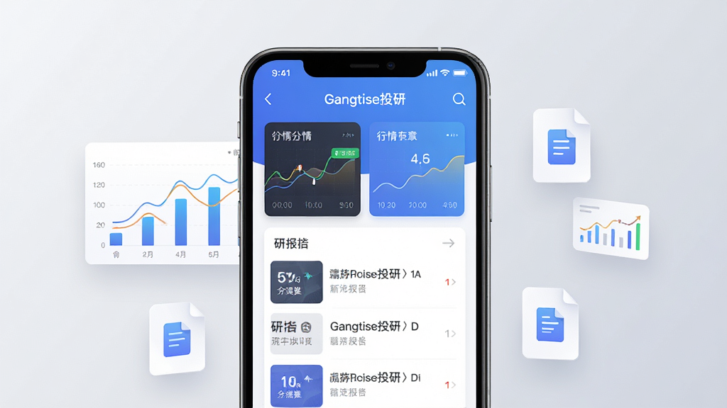 画面中央展示一部智能手机,屏幕上呈现“Gangtise投研”应用主界面,界面包含行情卡片与研报列表布局,手机两侧漂浮着简洁的数据图表与文档图标,背景为浅灰渐变,风格现代商务,细节干净,画质清晰,无多余元素