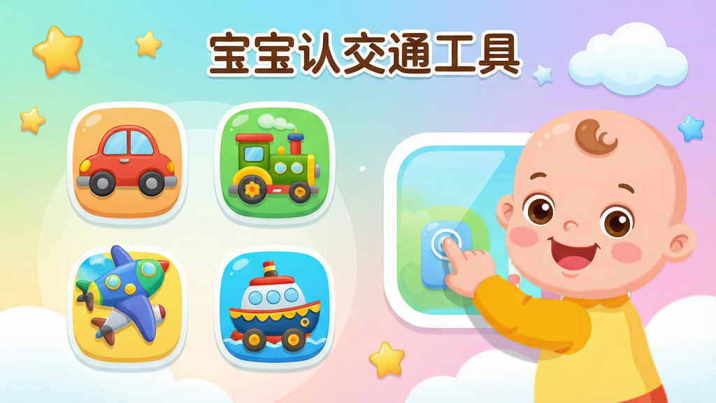 画面主体为一款儿童早教手机应用界面展示,居中布局,左侧是卡通风格的交通工具图标阵列包含小汽车火车飞机轮船,右侧是可爱宝宝角色正在点击屏幕互动,整体排版清晰有序,风格为明亮活泼的扁平化卡通插画,细节包括圆润的图标造型、柔和的渐变背景、星星和云朵装饰元素,画质高清干净,无多余元素,图片中显示文字“宝宝认交通工具”