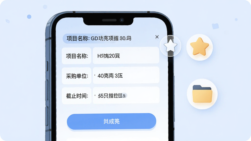 主体为手机屏幕展示项目详情页,包含项目名称、采购单位、截止时间等信息字段,旁边悬浮收藏星标与文件夹图标,布局为左右分栏、左侧手机右侧图标元素,风格为简洁商务插画风,细节包含浅蓝底色、清晰文字块与圆角按钮,画质清晰、干净、无多余元素