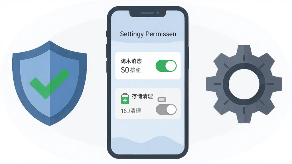 主体为手机屏幕显示设置权限界面,包含通知开关与存储清理选项,旁边放置盾牌与齿轮图标,布局为居中构图、图标环绕手机,风格为扁平化安全提示插画,细节包含绿色对勾、灰色开关按钮与浅色背景,画质清晰、干净、无多余元素