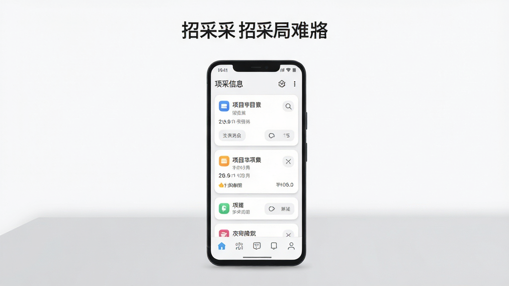 主体为一部竖屏安卓手机,屏幕上显示招采信息列表界面,包含项目标题卡片与筛选按钮,手机置于浅灰色桌面中央,背景简洁留白,布局为居中构图、上方留出标题空间,风格为清爽扁平化UI展示风,细节包含卡片阴影、圆角图标与清晰的文字层级,画质清晰、干净、无多余元素
