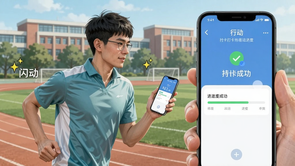 一名大学生在校园操场上跑步,手持手机查看运动打卡界面,背景为教学楼与跑道,画面采用清新写实插画风格,主体人物位于画面左侧,右侧展示手机屏幕上的打卡成功提示与进度条,色调以蓝绿为主,画质干净清晰,图片中可出现“闪动”字样