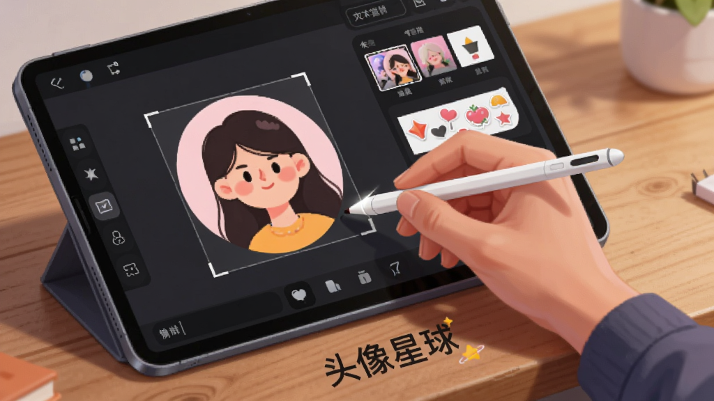 主体为一只手握触控笔在平板电脑屏幕上操作头像编辑界面,屏幕内显示一张正在编辑的圆形头像,周围环绕着裁剪框、滤镜缩略图、贴纸面板和文字输入框等工具图标;布局为斜侧视角的工作台场景;排版在平板电脑下方桌面位置放置“头像星球”品牌字样;风格为现代数字艺术插画;细节包括触控笔的笔尖高光、屏幕内工具图标的精细描边、桌面木纹质感;画质细腻,背景简洁无干扰元素。