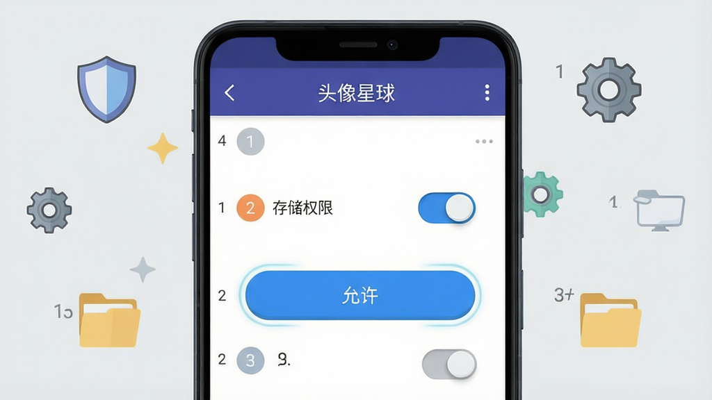 主体为一部安卓手机屏幕显示头像星球的权限设置引导页面,页面内有存储权限开关和“允许”按钮高亮显示,旁边配有简洁的步骤序号图标;布局为手机界面特写居中,周围环绕着盾牌、齿轮、文件夹等扁平化小图标;排版在页面顶部显示“头像星球”导航栏标题;风格为扁平化信息图风格;细节包括开关按钮的立体感、步骤序号的圆形底色、图标的简洁线条;画质清晰明快,背景为浅灰纯色,干净无杂乱。