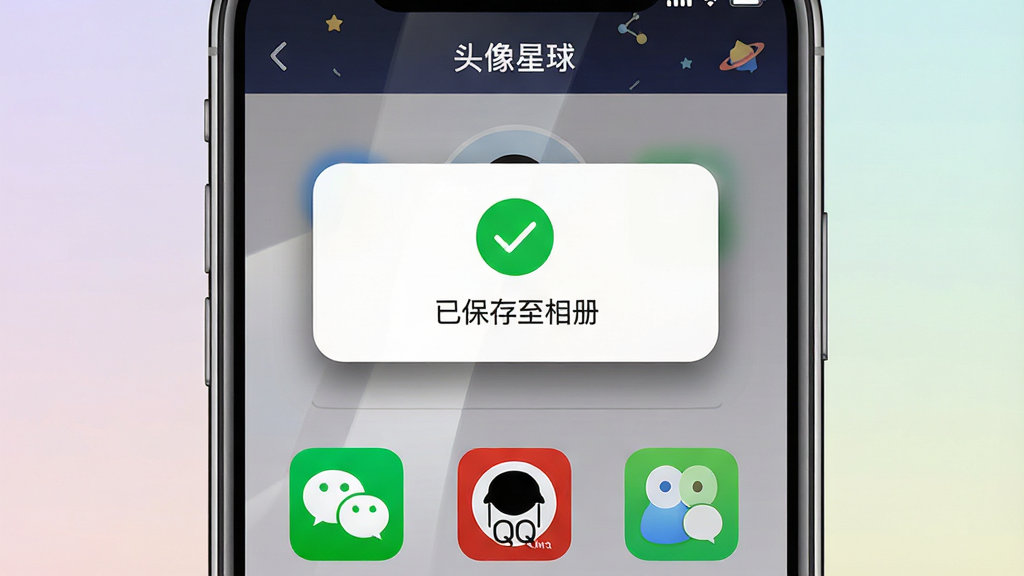 主体为一部手机屏幕显示头像保存成功的提示弹窗,弹窗内有一个绿色对勾图标和“已保存至相册”文字,屏幕下方排列着微信、QQ等社交软件的快捷分享图标;布局为手机正面特写居中;排版在弹窗上方显示“头像星球”软件标题栏;风格为简洁的移动端UI示意图;细节包括弹窗的圆角与阴影、分享图标的品牌色块、手机屏幕的细腻反光;画质清晰,背景为纯色渐变,干净无多余装饰。