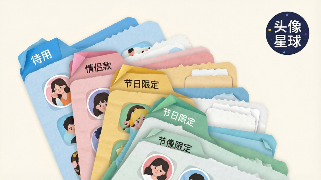 主体为一个虚拟的手机收藏夹界面,界面内显示多个自定义分组文件夹,文件夹标签上写着“待用”“情侣款”“节日限定”等文字,每个文件夹内露出部分头像缩略图;布局为文件夹呈扇形展开的创意构图;排版在画面右上方放置“头像星球”圆形徽标;风格为清新明快的扁平化设计;细节包括文件夹的纸张质感、彩色标签的细微折角、缩略图的圆角边框;画质干净利落,背景为浅色纯底。