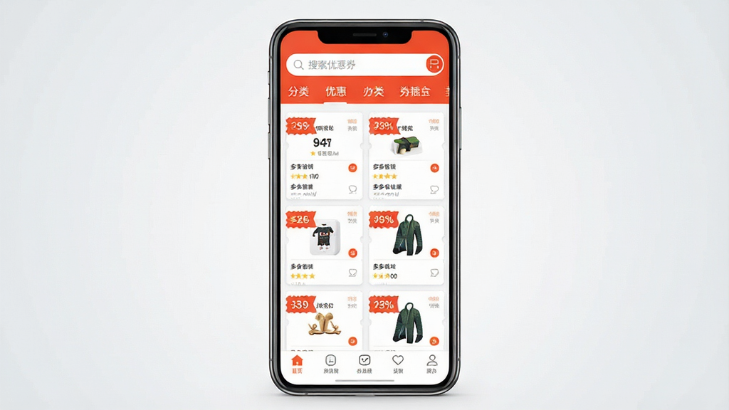 手机应用界面展示图,画面中央是一部竖屏智能手机,屏幕上显示购物优惠券列表页面,顶部有搜索栏和分类标签,中部是整齐排列的优惠券卡片,每张卡片带有折扣标签和商品缩略图,底部为导航栏,整体采用橙红色与白色搭配的清新电商风格,背景为浅灰色渐变,画质清晰干净,界面中文字标注“多多省钱优惠”