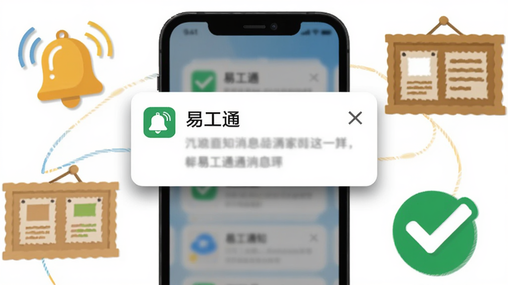 画面中央为手机屏幕弹出“易工通”消息通知卡片,周围环绕铃铛、公告板与对勾图标,布局采用居中环绕构图,风格为扁平化信息图,细节包括通知卡片阴影与图标高光,画质清晰干净,无多余元素