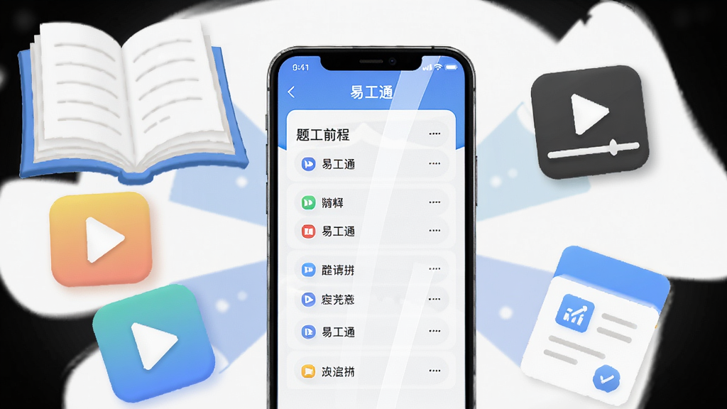 画面中央为一部手机屏幕显示“易工通”题库练习界面,周围环绕书本、视频播放按钮与答题卡图标,布局采用放射状构图,风格为清新教育插画,细节包括图标渐变与屏幕反光,画质清晰干净,无多余元素