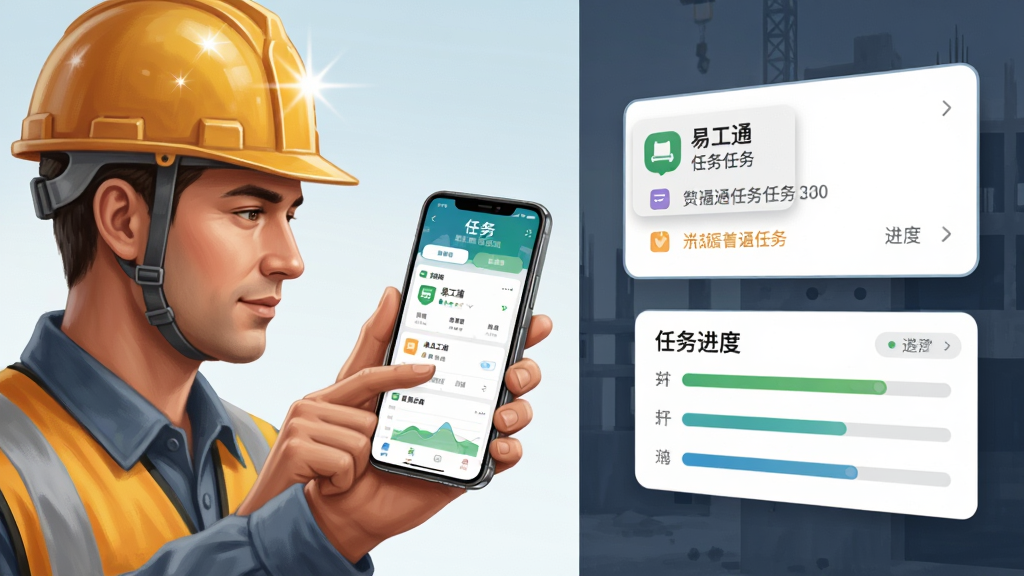 画面左侧为一名佩戴安全帽的施工人员手持手机操作“易工通”任务界面,右侧为悬浮的任务卡片与进度条图表,布局采用左右分栏构图,风格为写实商务插画,细节包括安全帽反光与手机屏幕高光,画质清晰干净,无多余元素