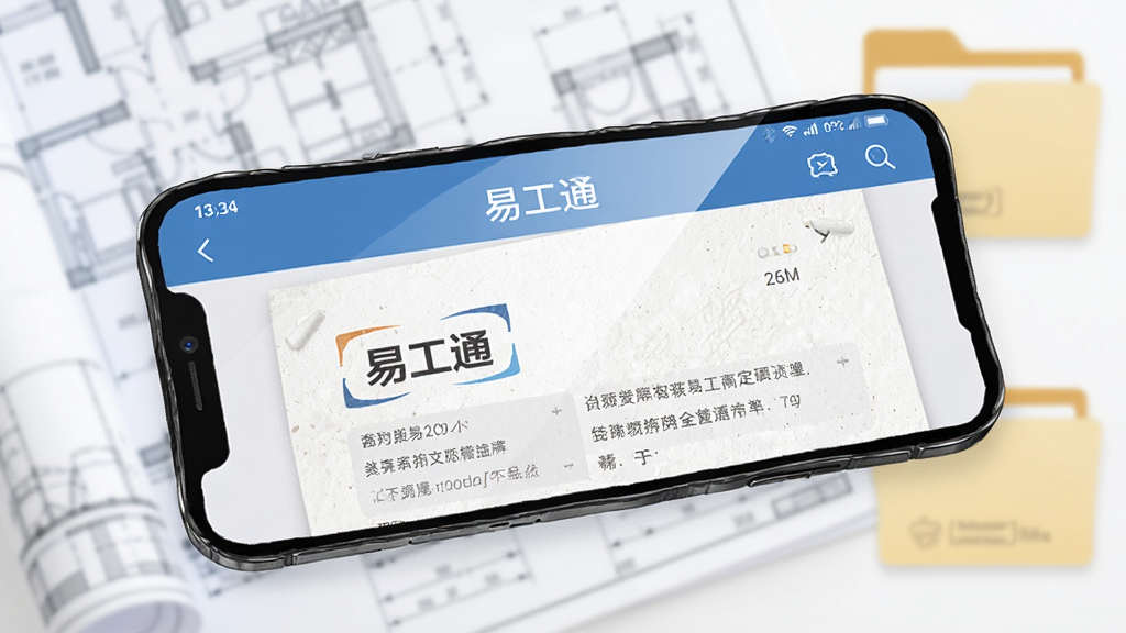画面展示一部手机横屏显示“易工通”文档查阅界面,背景为模糊的工程图纸与文件夹图标,布局采用对角线构图,风格为简约办公插画,细节包括纸张纹理与屏幕高光,画质清晰干净,无多余元素
