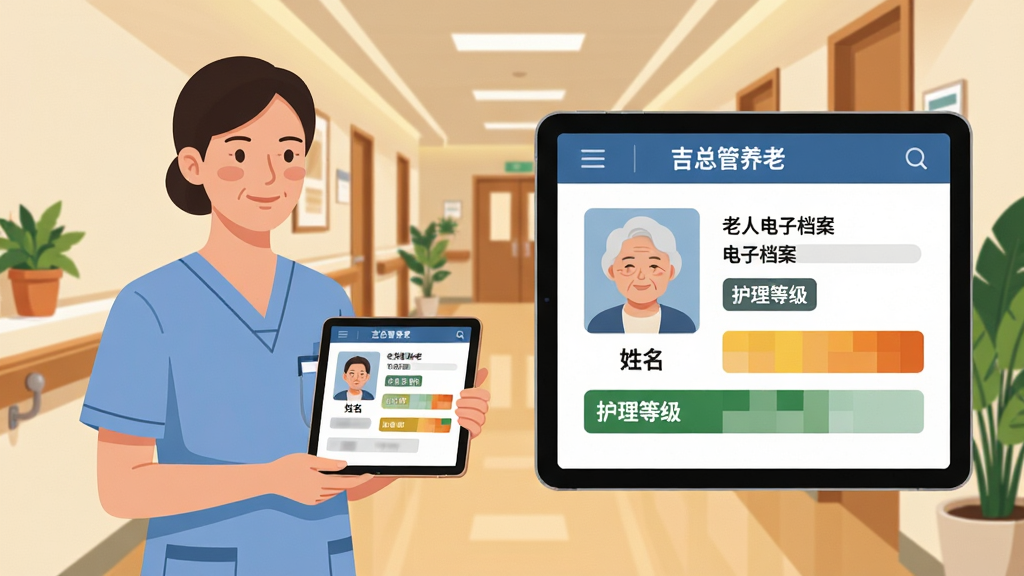 画面主体为一位护理员手持平板电脑站在养老院走廊中,平板屏幕显示吉总管养老的老人电子档案页面,页面中有头像、姓名标签与护理等级色块;布局为人物居左、屏幕内容居右放大展示;排版采用左右分栏式构图;风格为写实与扁平结合的商业插画;细节包括走廊墙上的扶手、绿植、暖色灯光,屏幕内可见“吉总管养老”字样;画质高清,画面干净,无杂乱元素。
