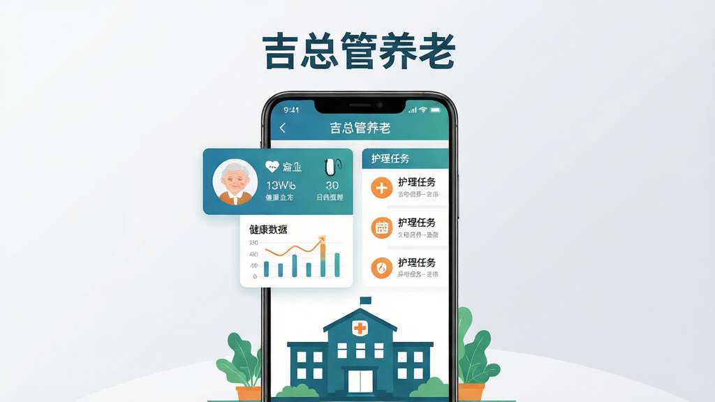 画面主体为一部竖屏安卓手机,屏幕中展示吉总管养老软件的老人档案管理界面,左侧悬浮着老人头像卡片与健康数据图表,右侧有护理任务列表;布局采用居中对称构图,手机下方放置养老院建筑剪影与绿植元素;排版清爽,上方留白处写有“吉总管养老”五个字;风格为现代扁平化科技插画,配色以蓝绿色调为主,辅以暖橙色点缀;细节包含图标化的心率、血压、日程提醒等小元素,界面元素干净利落;画质为2K高清,画面干净无多余元素,背景为浅灰渐变。