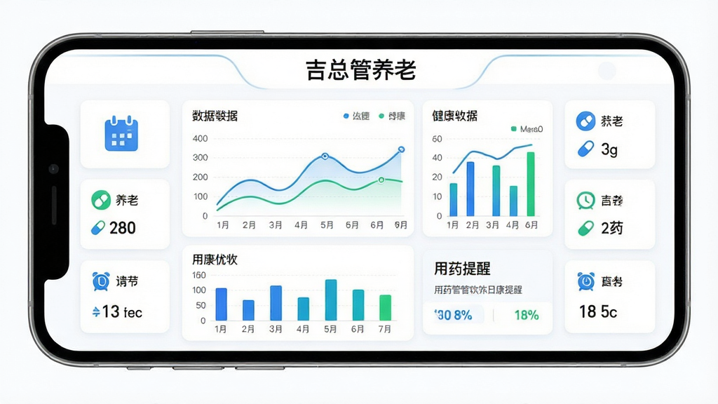 画面主体为吉总管养老软件的健康数据看板界面,屏幕上显示折线图、柱状图与用药提醒卡片;布局为手机横屏展示,图表居中,四周环绕数据指标小卡片;排版突出数据可视化,上方标题栏写有“吉总管养老”;风格为清爽的医疗健康类UI插画,配色以白色背景搭配蓝色与绿色数据线;细节包含日历图标、药丸图标、闹钟图标;画质清晰,画面干净整洁。