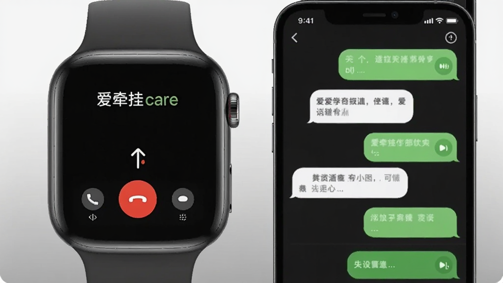 画面主体为一部智能手表与手机并排展示,手表屏幕显示“爱牵挂care”通话界面,手机屏幕显示语音消息对话列表,布局为左右对称排列,手表在左手机在右;风格为产品展示级写实渲染,细节上手表表带为深灰色硅胶材质,手机界面气泡为浅绿色与白色交替,画质细腻干净,背景为纯色浅灰渐变,无多余装饰