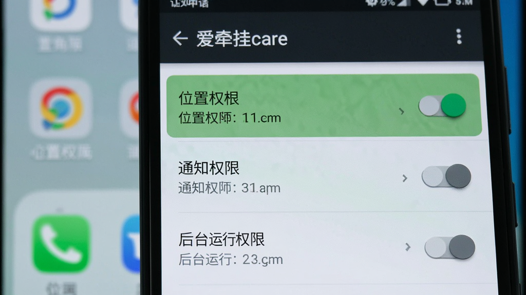 画面主体为一部安卓手机屏幕特写,屏幕显示“爱牵挂care”权限设置页面,页面中包含位置权限、通知权限与后台运行权限的开关选项,布局为纵向列表排列,每个权限项右侧配有开关按钮;风格为手机系统设置界面写实风格,细节上高亮标注位置权限为开启状态,画质清晰锐利,背景为虚化的手机桌面,干净无多余元素