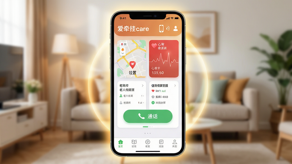 画面主体为一部智能手机屏幕,屏幕中央展示“爱牵挂care”应用主界面,界面包含老人位置地图卡片、心率健康数据面板与通话快捷按钮,布局采用上下分层结构,上方为状态栏与设备连接标识,中部为地图与数据卡片,下方为功能导航栏;排版整洁有序,风格为现代科技感与温暖居家感结合,细节上手机周围环绕柔和光晕,背景为虚化的家庭客厅场景,画质清晰明亮,干净无多余元素