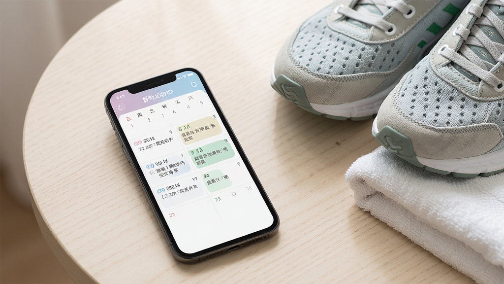 手机屏幕展示舒华运动HD的个性化训练计划页面,日历视图中标注了每日训练任务与完成状态,页面配色柔和;手机旁边摆放着运动鞋与毛巾,背景为浅色桌面;风格为简约生活方式摄影图,布局自然,细节真实,画质清晰,干净无多余元素
