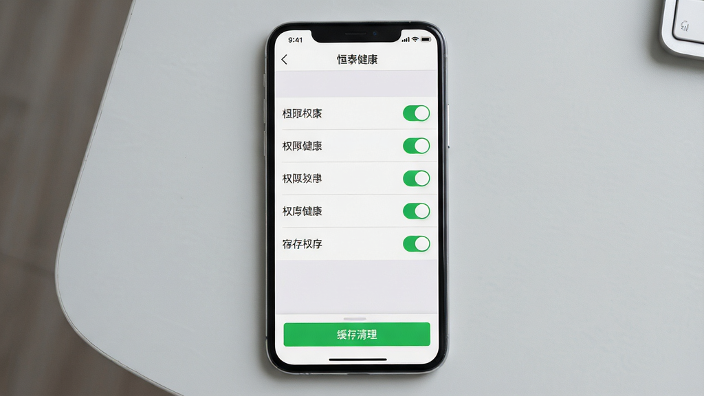 画面主体为一部手机屏幕显示“恒泰健康”设置与权限管理页面,页面中包含权限开关列表与缓存清理按钮;布局为手机正面平视构图,背景为浅灰色桌面;排版上权限条目纵向排列,开关状态清晰可见,底部为操作按钮区域;风格为简洁工具风,色调以白灰为主;细节上开关按钮带有绿色高亮,列表分割线细腻,界面留白合理;画质清晰锐利,画面干净无多余装饰。