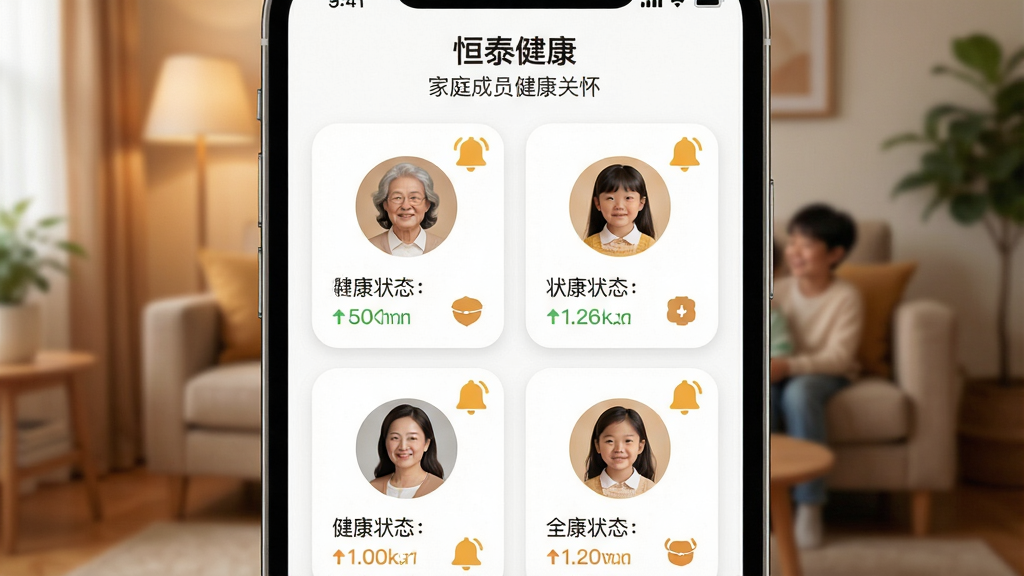 画面主体为手机屏幕特写,显示“恒泰健康”家庭成员健康关怀界面,界面上排列着多位家庭成员的头像卡片与健康状态标签;布局为手机竖直居中,背景虚化为家庭客厅暖色调;排版上头像卡片呈两列分布,每张卡片下方带有状态文字与提醒图标;风格为亲切家庭风,色彩温暖;细节上卡片圆角柔和,提醒图标为小铃铛造型,界面留白充足;画质清晰,画面干净无杂乱元素。