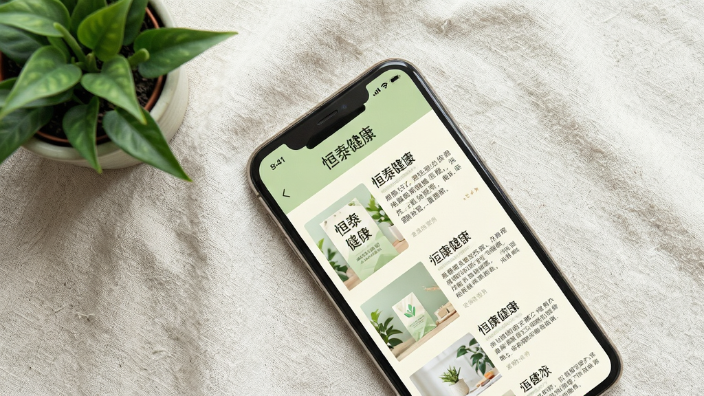 画面主体为手机斜置于浅色布面上,屏幕显示“恒泰健康”资讯阅读页面,页面中为图文混排的健康文章列表;布局为手机对角线构图,画面左上角放置一小盆绿植作为点缀;排版上文章封面图位于左侧,标题与摘要文字位于右侧,列表纵向排列;风格为文艺清新风,色调以浅绿与米白为主;细节上布面纹理细腻,绿植叶片自然舒展,手机屏幕文字清晰可辨;画质柔和高清,画面干净舒适。