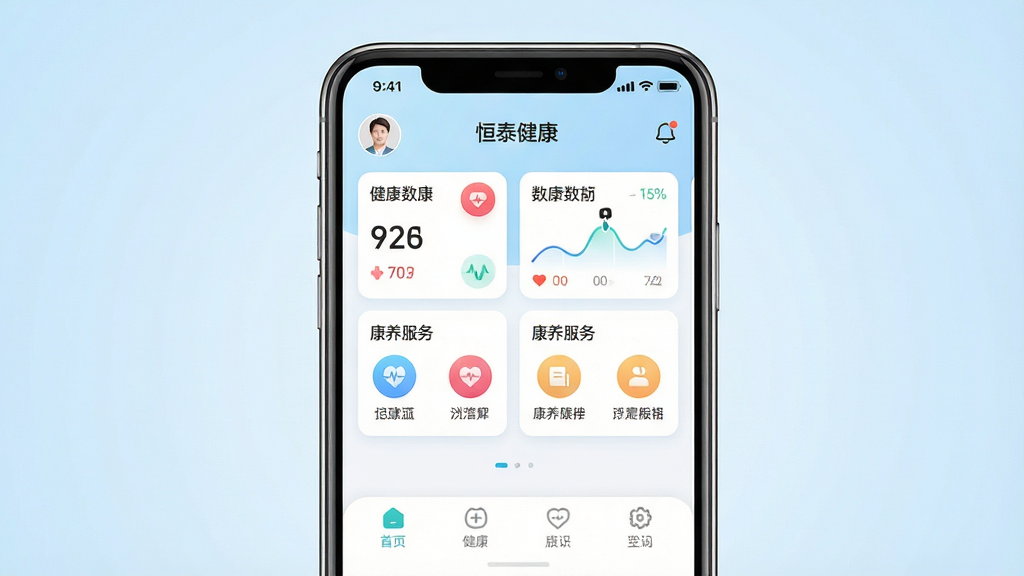 画面主体为一款智能手机,屏幕中央展示“恒泰健康”应用主界面,界面包含健康数据卡片、心率曲线与康养服务入口图标;布局采用居中对称构图,手机置于画面正中,背景为柔和的浅蓝渐变;排版上应用界面元素清晰分层,顶部为状态栏与用户头像,中部为数据概览模块,底部为功能导航栏;风格为现代简约科技风,色彩清爽干净;细节上手机边缘带有轻微高光反射,界面图标线条圆润,数据曲线自然流畅;画质为高清渲染,画面干净无多余元素,整体明亮通透。