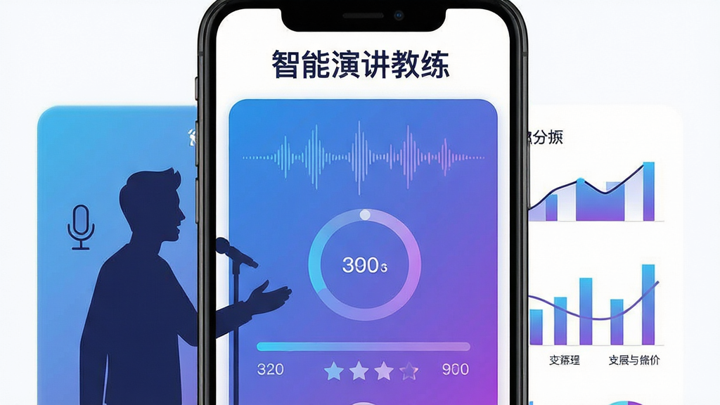 主体为一部智能手机居中放置,屏幕内显示智能演讲教练应用界面,包含语音波形与评分圆环;布局采用左右分栏,左侧展示演讲者剪影,右侧展示数据分析图表;排版整齐有序,上方留白放置软件名称文字;风格为现代科技感扁平插画,蓝紫渐变配色;细节包括麦克风图标、进度条、星级评分、文字标签;画质清晰锐利,干净背景,无多余元素
