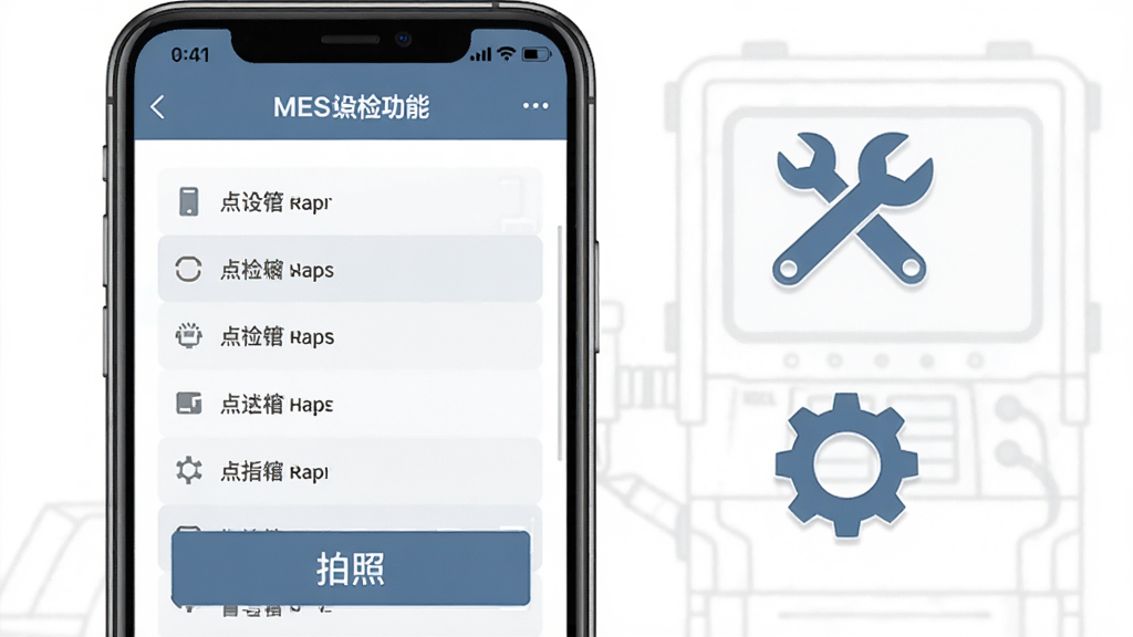 简信MES设备点检功能展示,手机屏幕显示点检清单与拍照按钮,旁边有扳手与齿轮图标,背景为浅灰色设备轮廓线稿,风格清爽简约,主色蓝灰,细节干净,画质1080P无杂乱元素