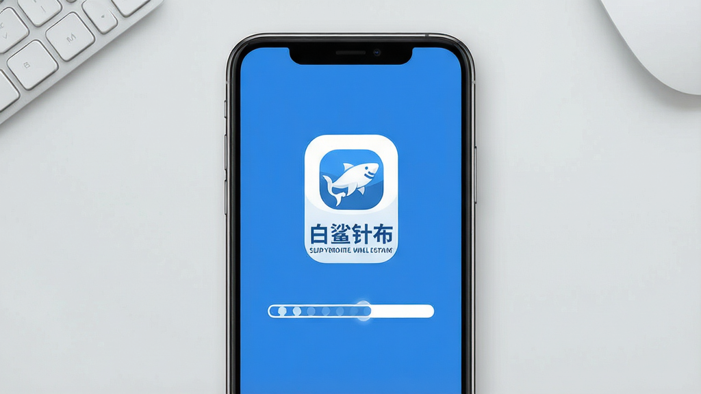 主体为手机屏幕显示白鲨针布应用启动界面,界面中央为品牌标识与加载进度条;布局为手机正面居中,背景为浅灰色桌面;排版简洁,突出屏幕内容;风格为清新扁平化设计,色调以蓝白为主;细节包括屏幕中“白鲨针布”文字与进度条动画效果,图标边缘圆润;画质清晰,干净,无多余元素