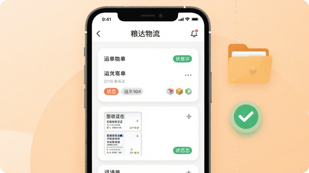 画面主体为手机屏幕展示“粮达物流”电子单据列表页,包含运单卡片、签收凭证缩略图与状态标签;屏幕旁布局文件夹图标与勾选标记;背景为浅橙色柔和渐变;风格为清新扁平化插画,细节上强调卡片圆角与图标层次;画质干净清晰,无多余装饰