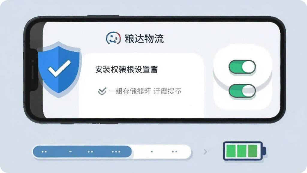 画面主体为一部手机展示“粮达物流”安装权限设置界面,旁边布局盾牌图标与勾选清单;画面下方排列存储空间条与电池图标;背景为浅蓝灰色;风格为简洁扁平化说明插画,细节上突出权限开关与提示文字区域;画质干净清晰,排版规整
