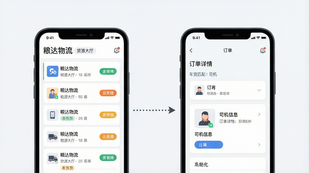 画面主体为两块并排的手机屏幕,左侧屏幕展示“粮达物流”货源大厅列表,右侧屏幕展示订单详情与司机信息卡片;两屏之间用虚线箭头连接,象征车货匹配;背景为浅灰白色,布局左右对称;风格为简洁扁平化UI插画,细节上强调列表条目与标签色块;画质干净清晰,无杂乱元素