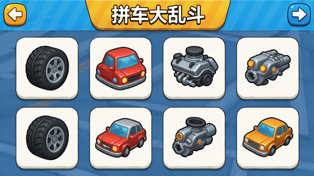 拼车大乱斗游戏内的车辆拼装界面,画面中展示多个可拖拽的车辆零件图标,包括轮胎、车身、引擎等,界面布局清晰,风格卡通明亮,画质干净