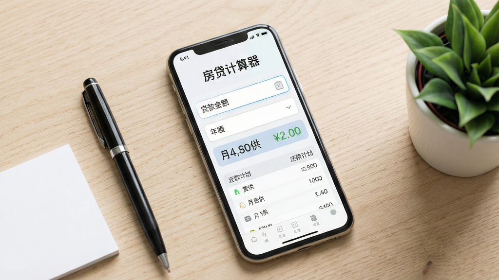 画面主体是一部智能手机置于浅色木质桌面中央,屏幕点亮显示房贷计算器应用的主界面,界面上方有“房贷计算器”字样,中部为贷款金额与年限输入框,下方呈现月供数字与还款计划列表;手机左侧摆放一支黑色签字笔和一张空白便签纸,右侧有一盆小型绿植;整体采用俯视微倾斜构图,背景干净整洁,光线柔和明亮,风格为现代简约商务风,细节上强调屏幕UI的清晰度与桌面材质的细腻纹理,画质高清,干净无多余元素