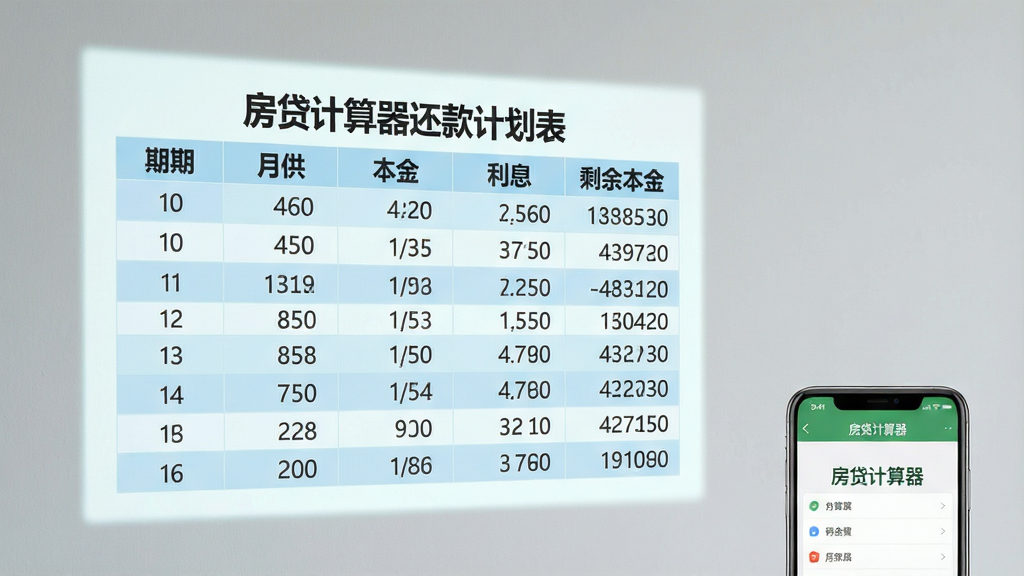 画面主体是一张展开的电子表格投影在浅灰色墙面上,表格标题为“房贷计算器还款计划表”,表头列有期数、月供、本金、利息、剩余本金,数据行以浅蓝与白色交替底色呈现;表格右下角有一部手机显示“房贷计算器”应用界面作为数据来源示意;整体采用清新浅色信息图风格,布局左重右轻留白自然,细节上数字排列整齐、投影边缘柔和,画质高清,干净无多余元素