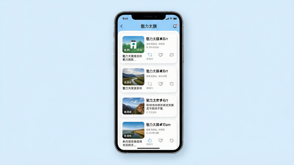 画面主体为一部智能手机,屏幕中展示“魅力太旗”应用的资讯列表页面,页面内有多条图文资讯卡片纵向排列;布局为手机居中,背景为柔和的浅蓝色;排版上资讯卡片间距均匀,标题与缩略图搭配协调;风格为清新简约的移动端界面风格;细节上卡片带有圆角与轻阴影,文字清晰可读;画质高清,画面干净整洁,无多余元素。