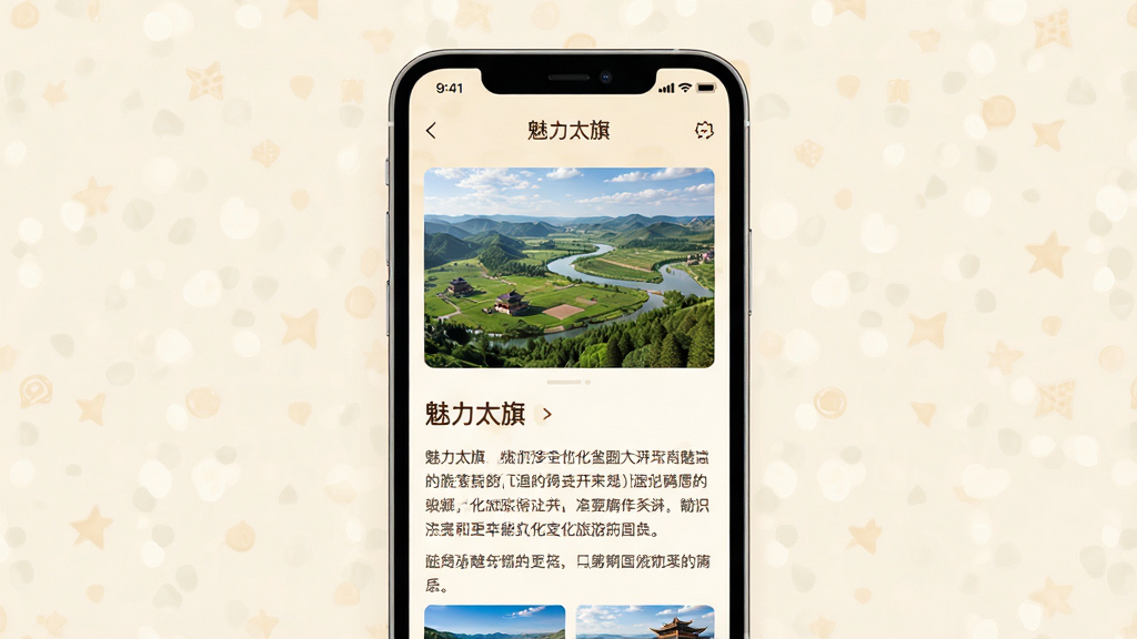画面主体为一部手机,屏幕中显示“魅力太旗”应用的文化旅游图文详情页,页面包含风景图片与文字介绍;布局为手机竖屏居中,背景为淡雅的米白色;排版上图片在上、文字在下,层次分明;风格为温馨的图文阅读界面风格;细节上图片色彩自然,文字段落清晰;画质高清,画面干净,无多余元素。