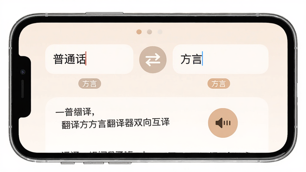 一张展示方言翻译器双向互译功能的界面图,画面为手机屏幕显示普通话与方言两个输入框,中间有双向箭头图标,下方展示翻译结果文字与语音播放按钮,风格柔和圆角,细节包含“普通话”与“方言”标签,画质清晰干净,无多余元素
